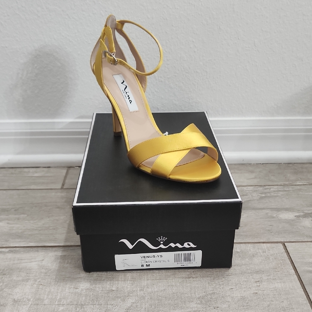 Nina Bright Yellow Satin Open-Toe Ankle-Strap Heels